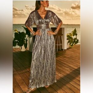 New Lilly Pulitzer Parigi Elbow Sleeve Maxi Sz M True Navy X Gold Metallic  Rope